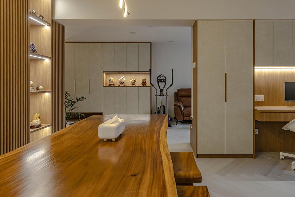 Eclectic Dining Room with Vinyl Flooring and Storage Cabinets