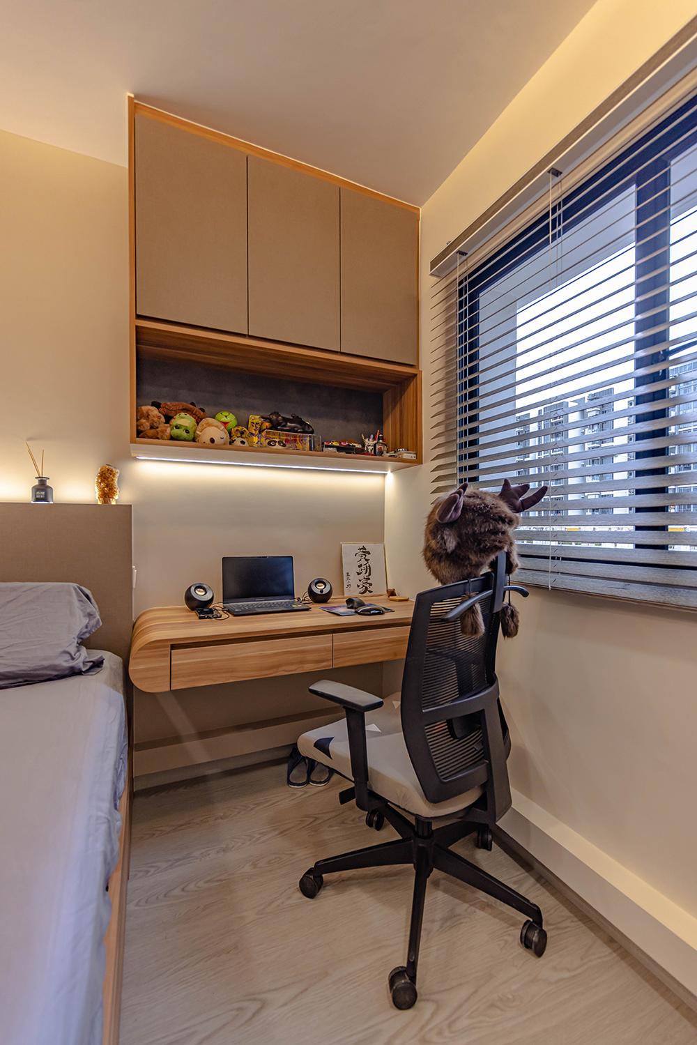 Eclectic Bedroom with Bookshelf and Vinyl Flooring