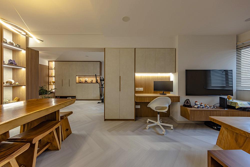 Eclectic Living Room with Vinyl Flooring and TV Console