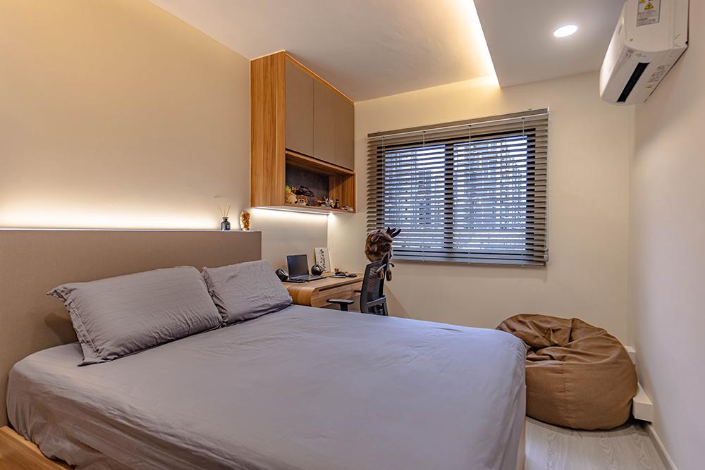 Eclectic Bedroom with Bookshelf and Vinyl Flooring