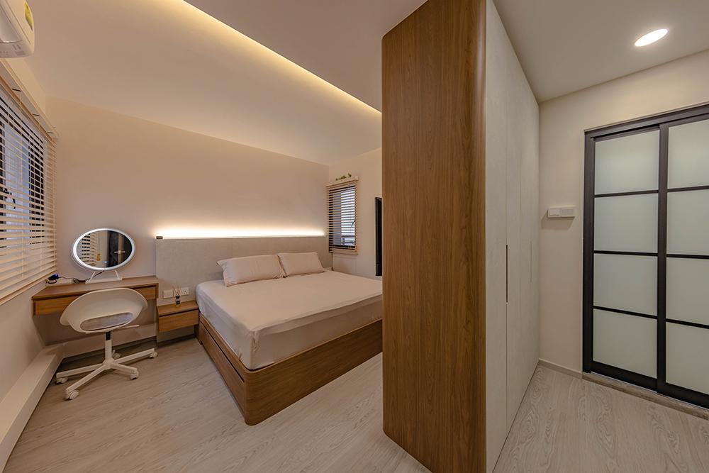 Eclectic Bedroom with Feature Wall and Glass Door