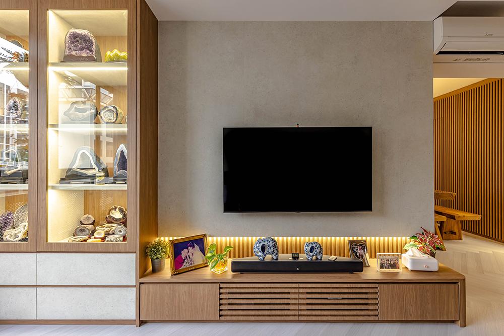 Eclectic Living Room with TV Console and Feature Wall