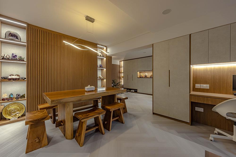 Eclectic Dining Room with Vinyl Flooring and Storage Cabinets