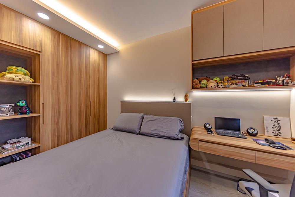Eclectic Bedroom with Bookshelf and Vinyl Flooring