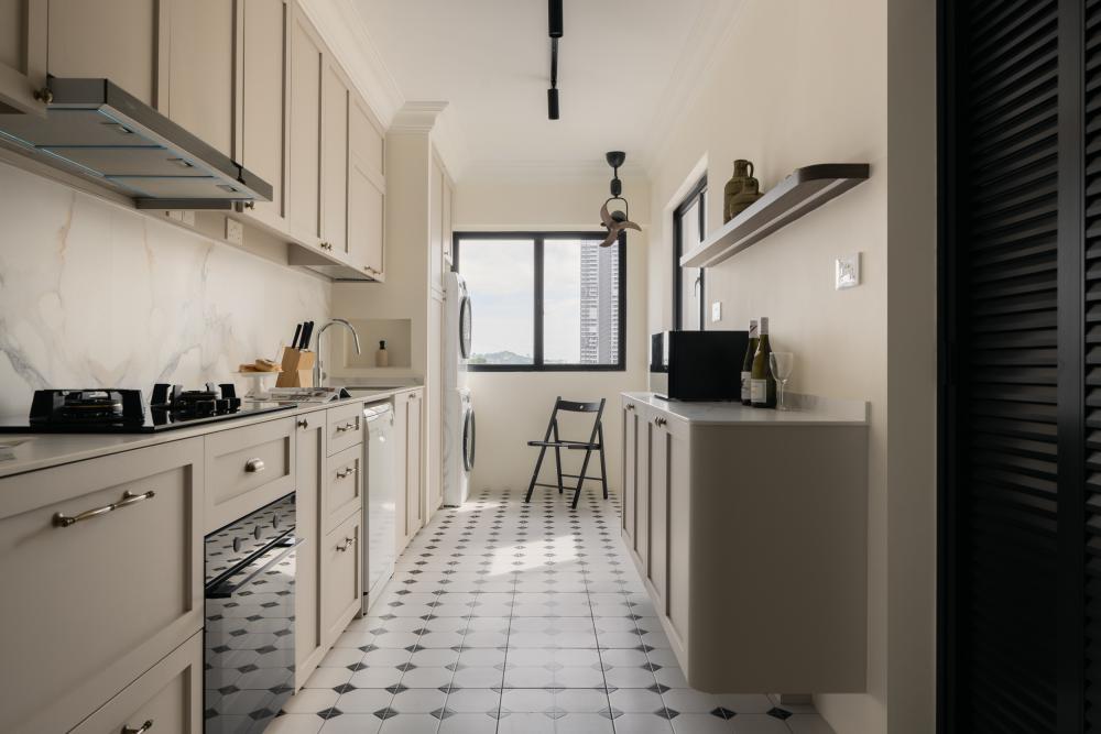 Country Kitchen with Homogeneous Tiles and Cupboard