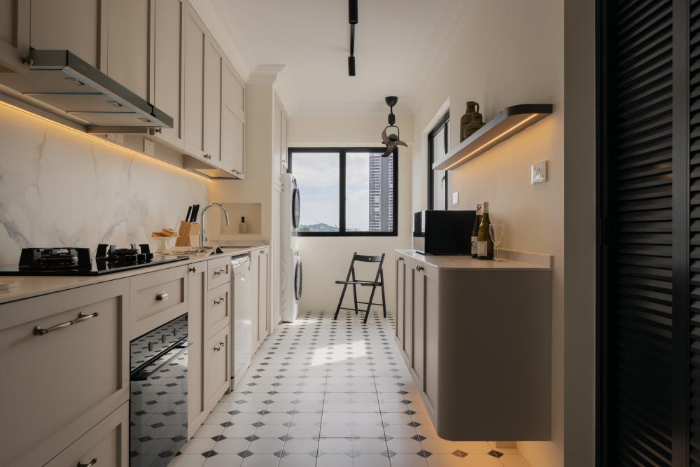 Country Kitchen with Countertop and Cupboard