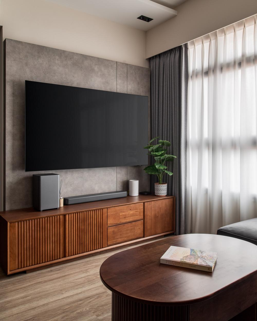Contemporary Living Room with TV Console and Feature Wall