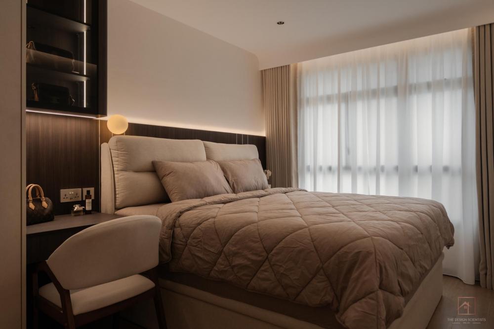 Minimalist Bedroom with Wood Flooring and Cove Lighting