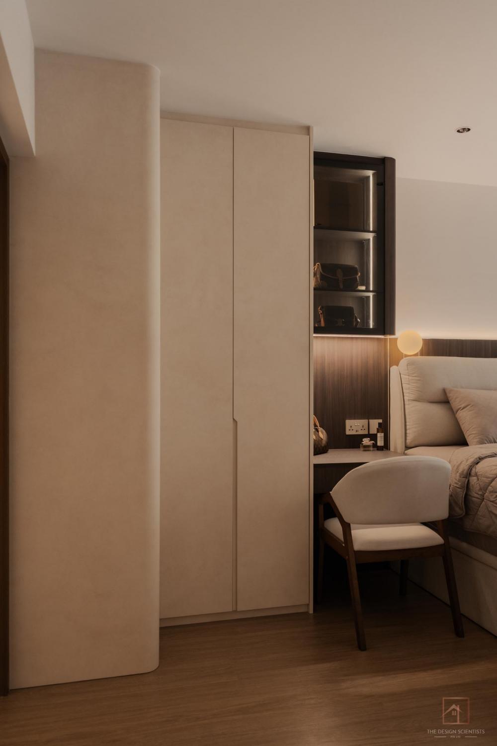 Minimalist Bedroom with Wood Flooring and Drop Light