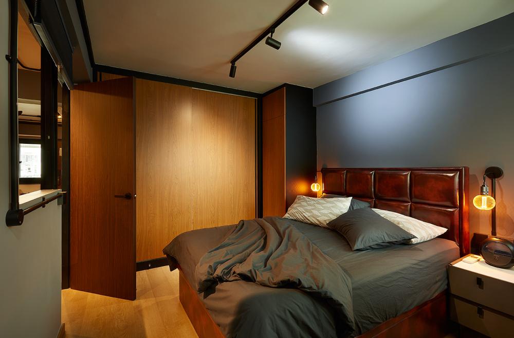 Industrial Bedroom with Vinyl Flooring and Wardrobe