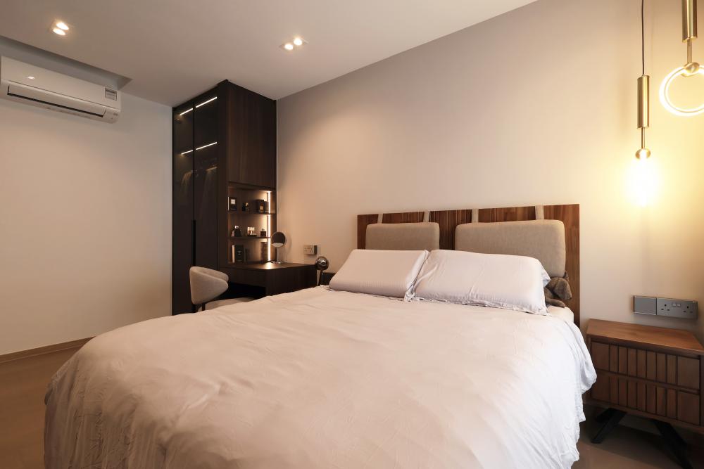 Modern Bedroom with Vinyl Flooring and Ceiling Light