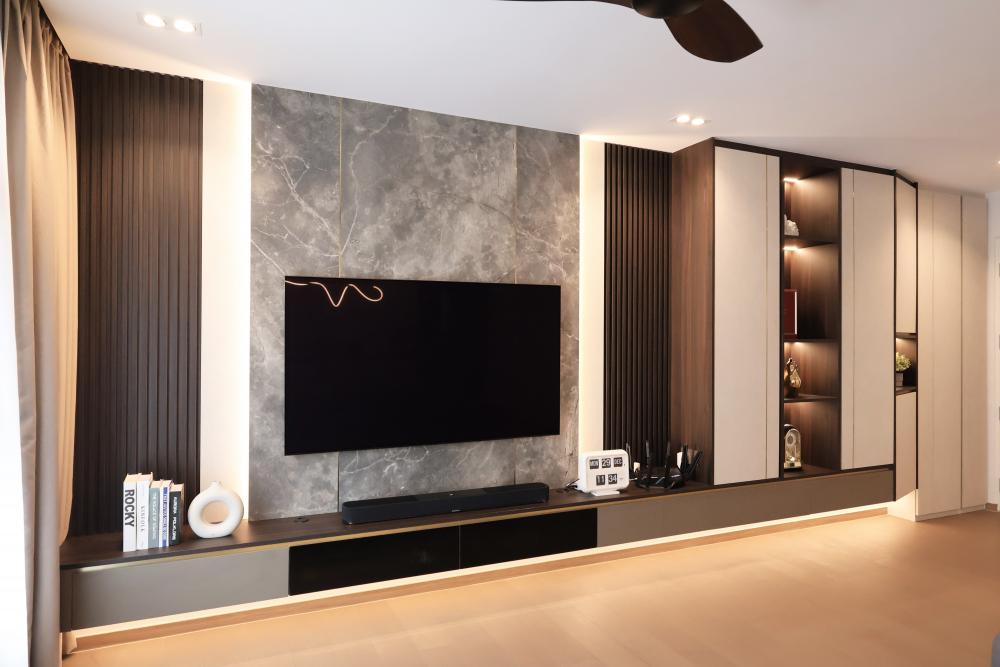 Modern Living Room with Vinyl Flooring and Feature Wall