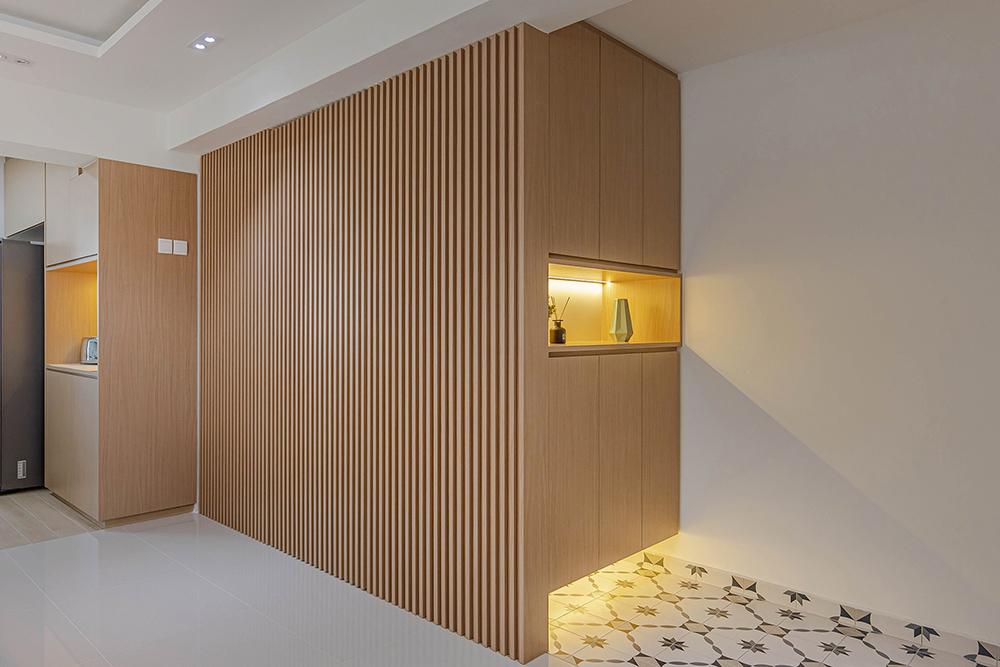 Scandinavian Storeroom with Feature Wall and Display Cabinets