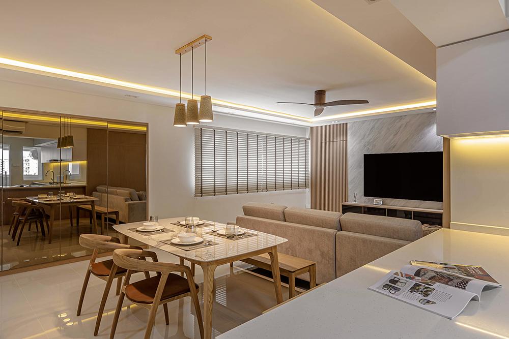 Scandinavian Living Room with Homogeneous Tiles and Feature Wall