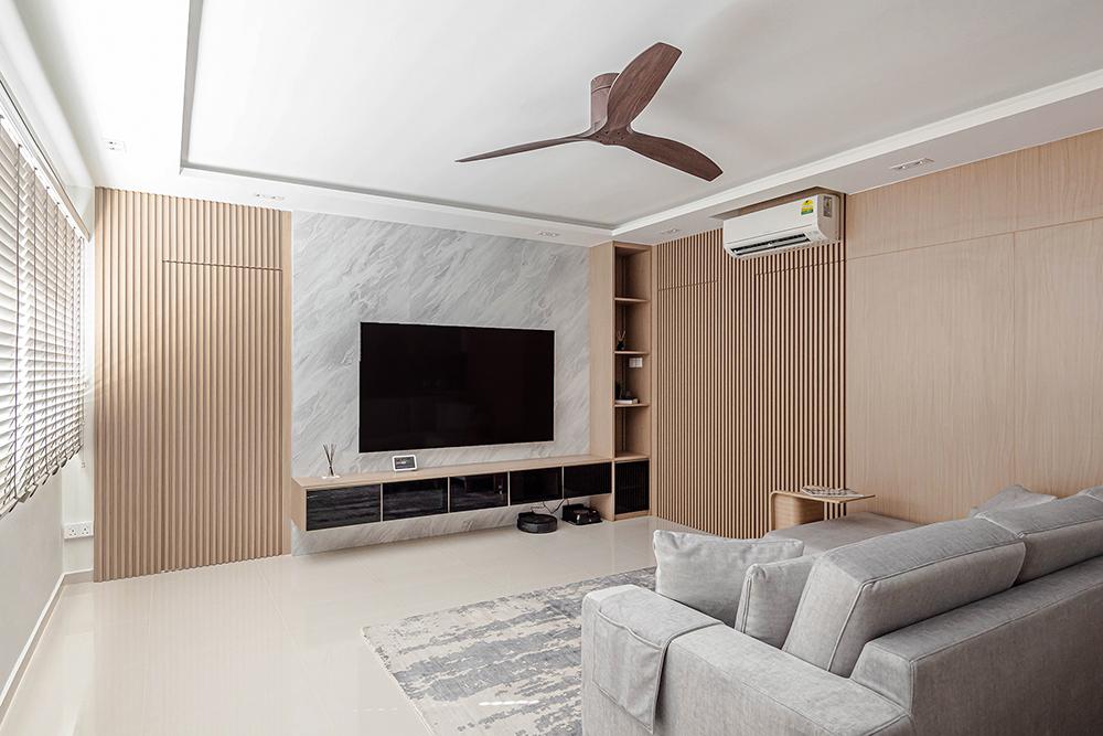 Scandinavian Living Room with Homogeneous Tiles and TV Console