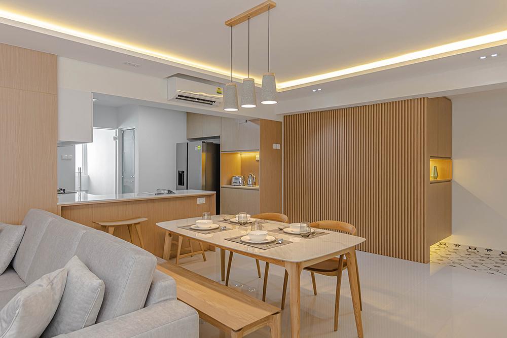 Scandinavian Dining Room with Homogeneous Tiles and Open Kitchen