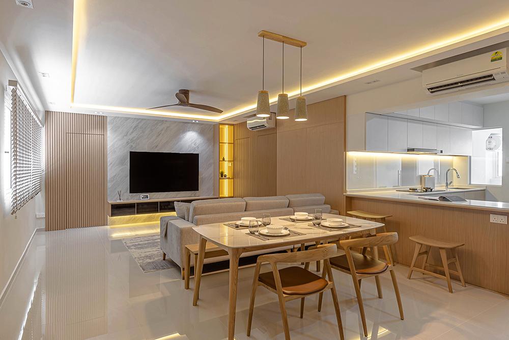 Scandinavian Living Room with Homogeneous Tiles and Feature Wall