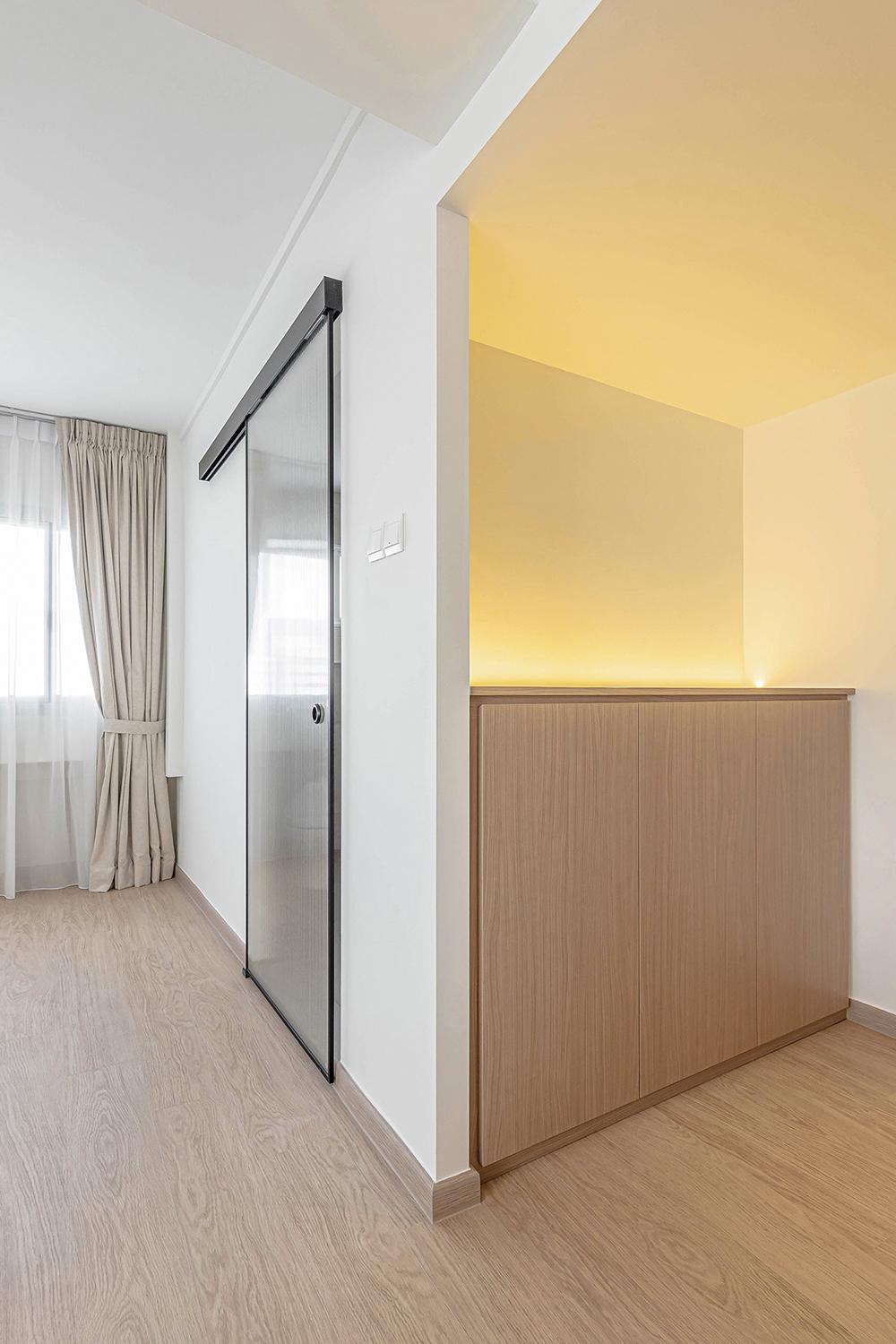 Scandinavian Bedroom with Vinyl Flooring and Glass Door