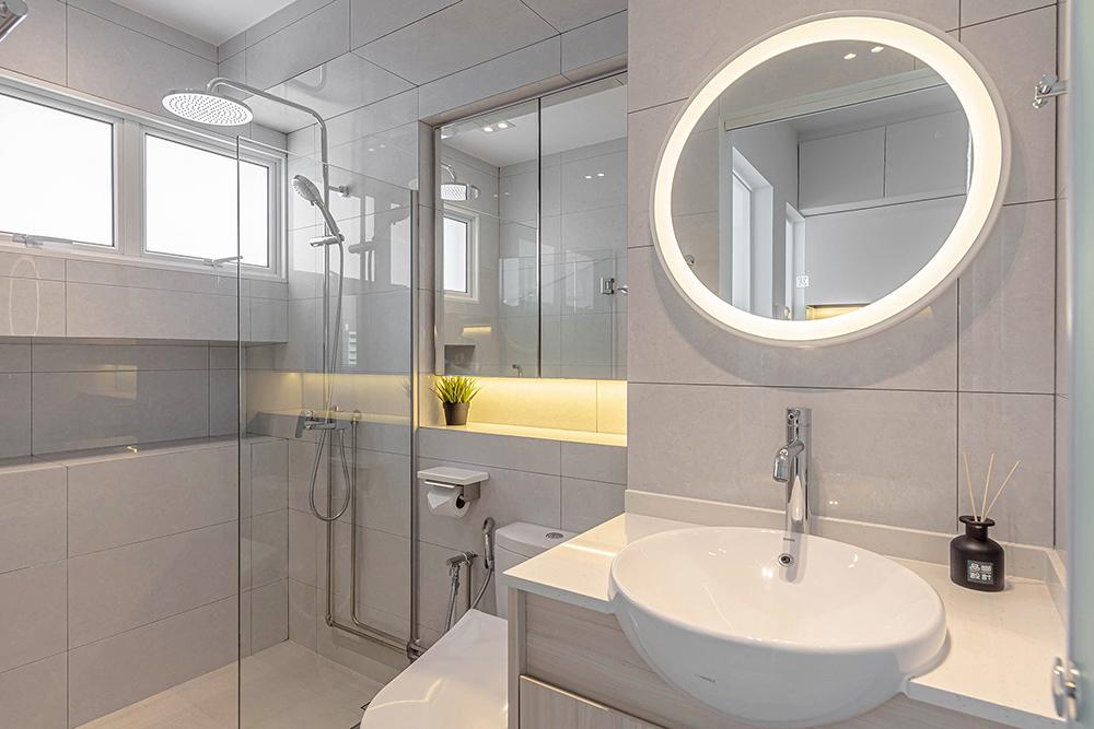 Scandinavian Bathroom with Countertop and Homogeneous Tiles