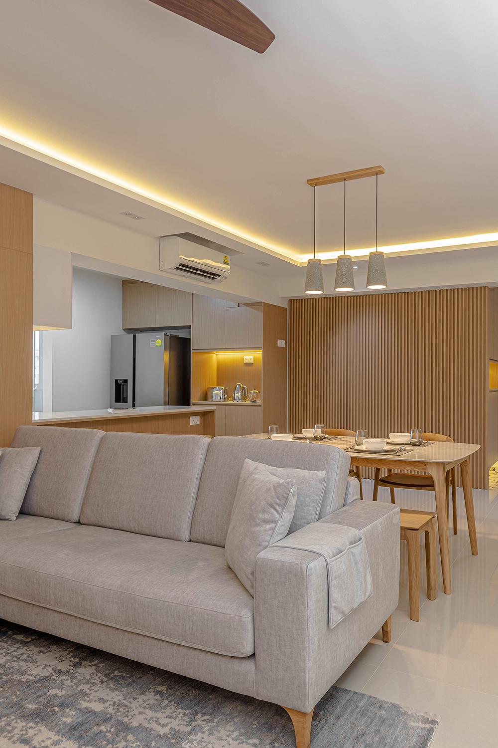 Scandinavian Dining Room with Feature Wall and Open Kitchen