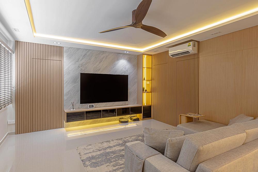 Scandinavian Living Room with Feature Wall and Lighting