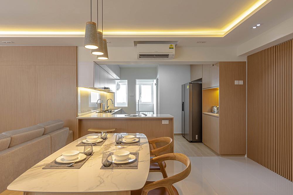 Scandinavian Dining Room with Kitchen Island and Open Kitchen