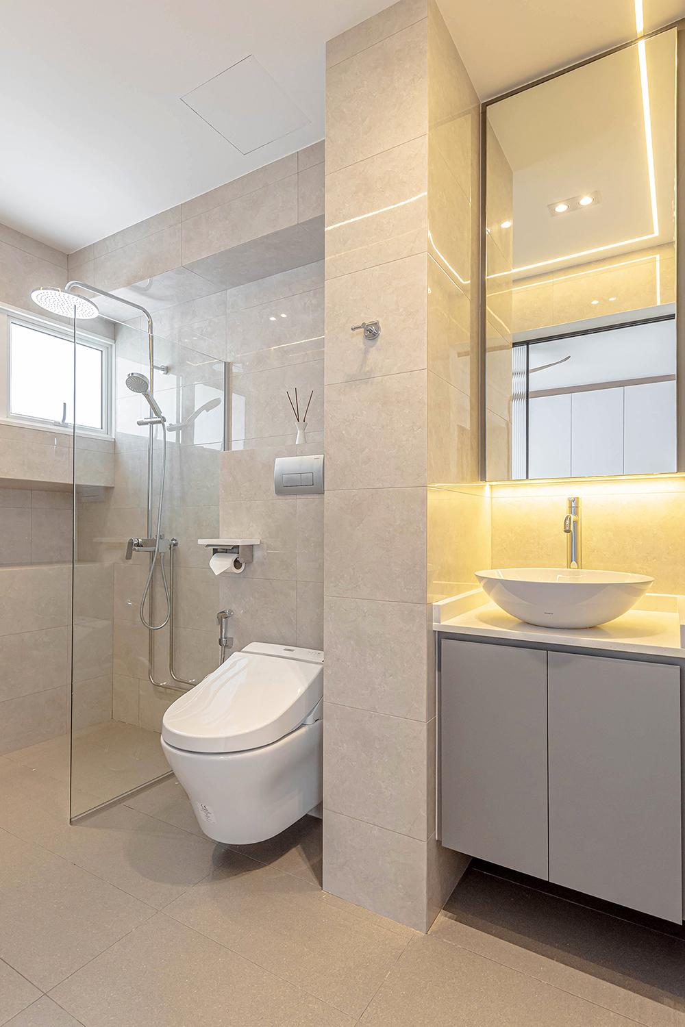 Scandinavian Bathroom with Countertop and Homogeneous Tiles