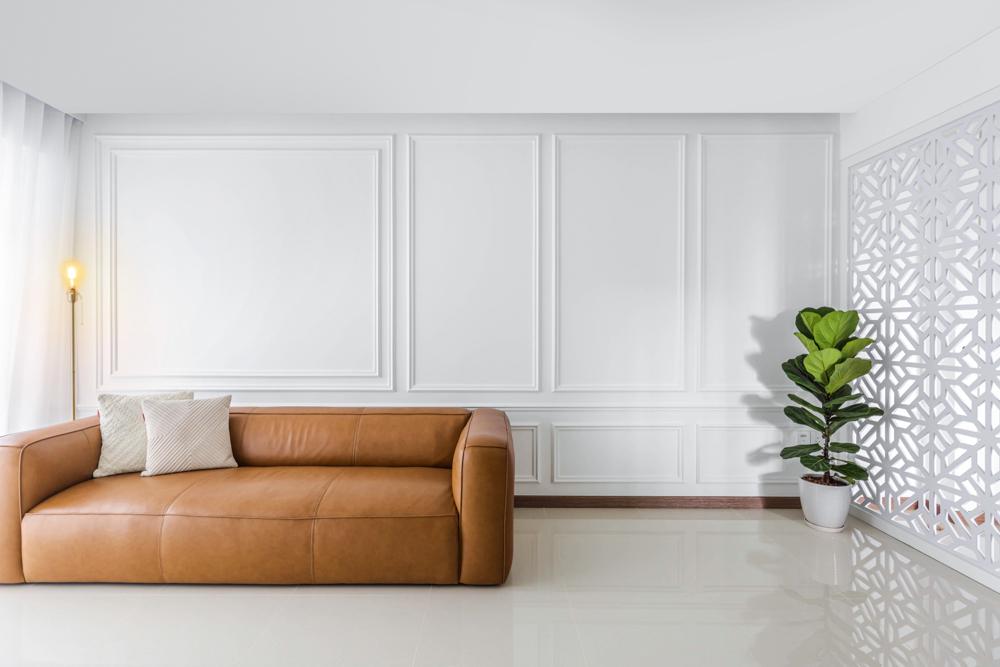 Transitional Living Room with Feature Wall and Sofa