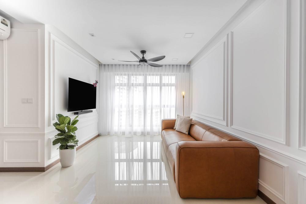 Transitional Living Room with Paintings and Lighting