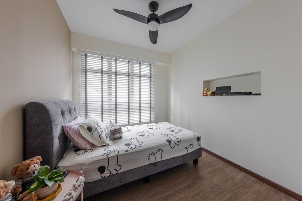 Transitional Bedroom with Vinyl Flooring and Paintings