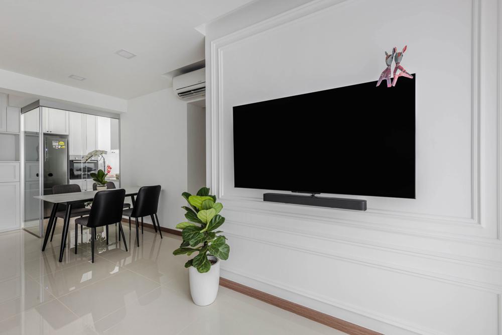 Transitional Living Room with Homogeneous Tiles and Feature Wall