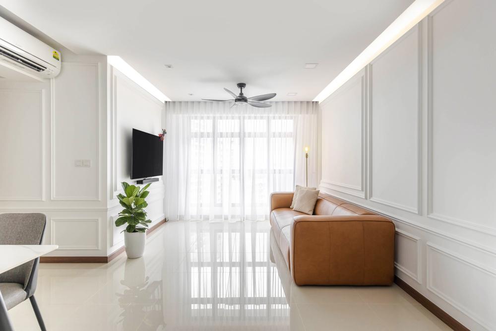 Transitional Living Room with Homogeneous Tiles and Sofa