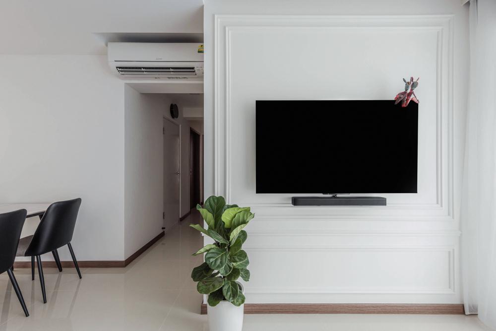 Transitional Living Room with Feature Wall and Paintings
