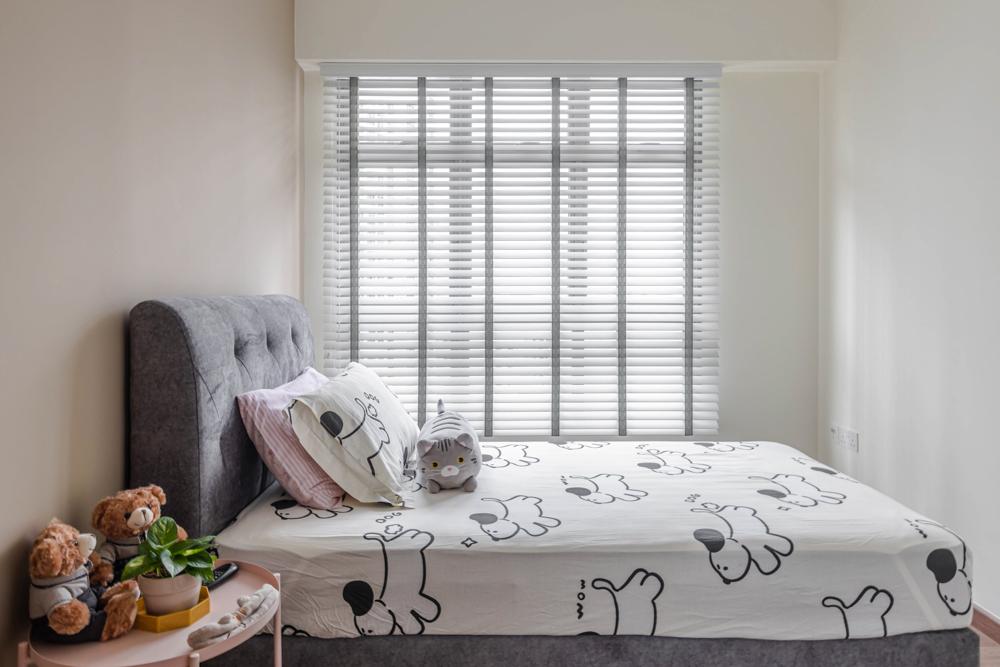 Transitional Bedroom with Paintings and Blinds
