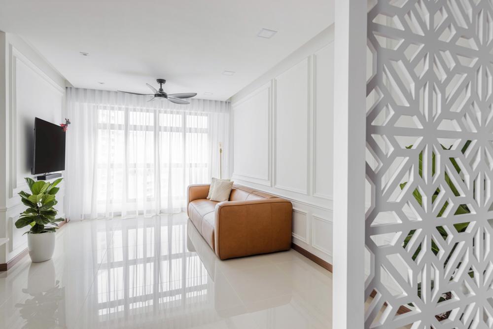 Transitional Living Room with Homogeneous Tiles and Feature Wall