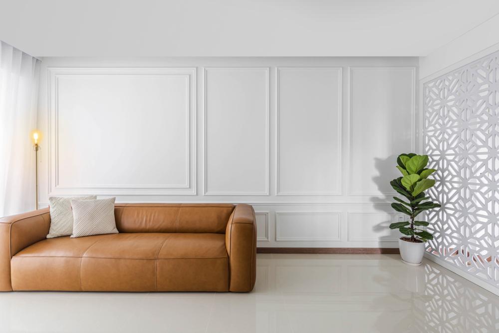 Transitional Living Room with Homogeneous Tiles and Feature Wall