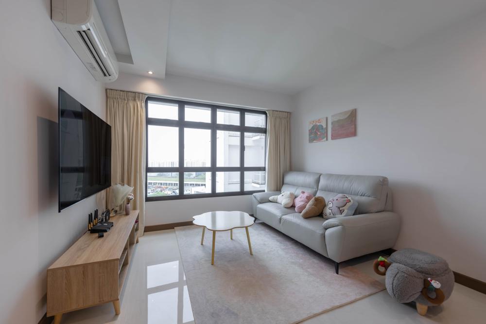 Modern Living Room with Homogeneous Tiles and Paintings