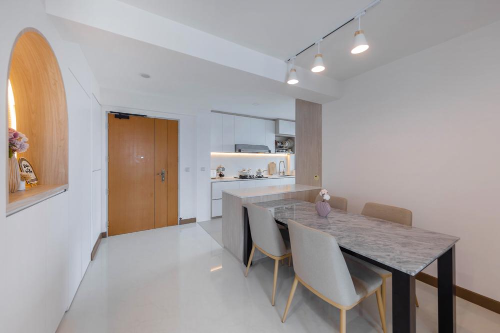 Modern Dining Room with Open Kitchen and Storage Cabinets