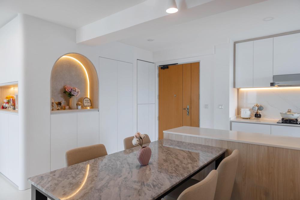 Modern Foyer with Open Kitchen and Storage Cabinets