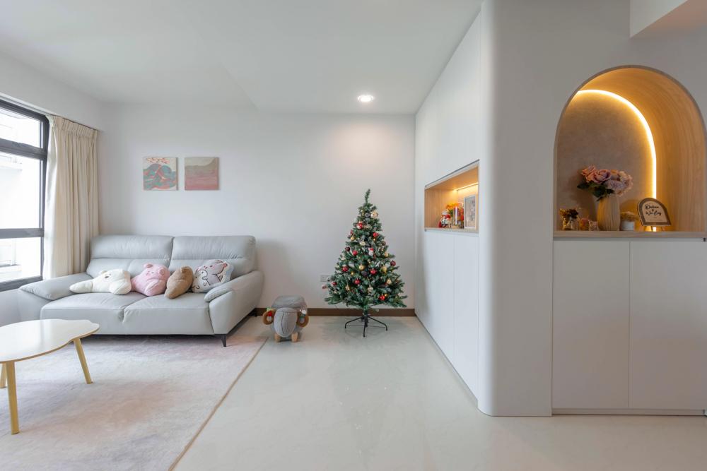 Modern Living Room with Homogeneous Tiles and Storage Cabinets