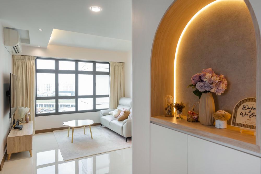 Modern Living Room with Homogeneous Tiles and Cove Lighting