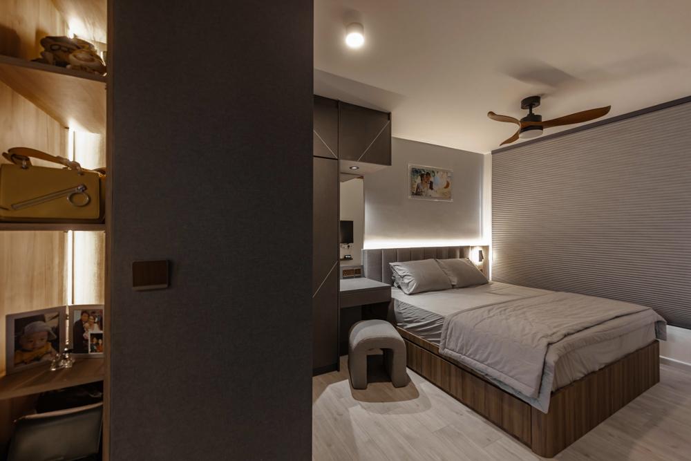 Industrial Bedroom with Vinyl Flooring and Wardrobe