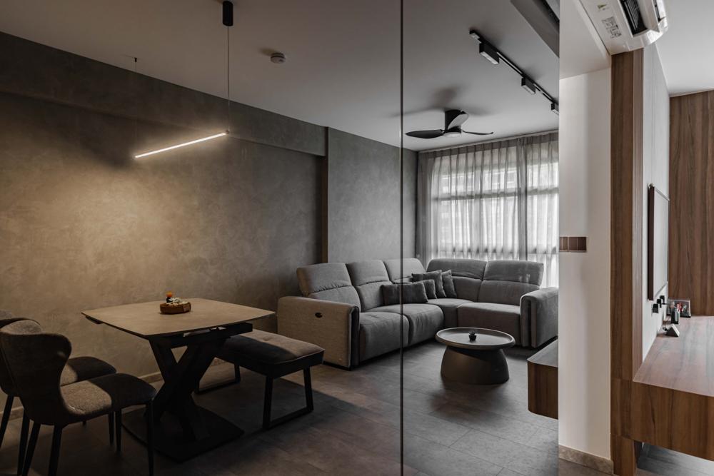 Industrial Living Room with Vinyl Flooring and Feature Wall