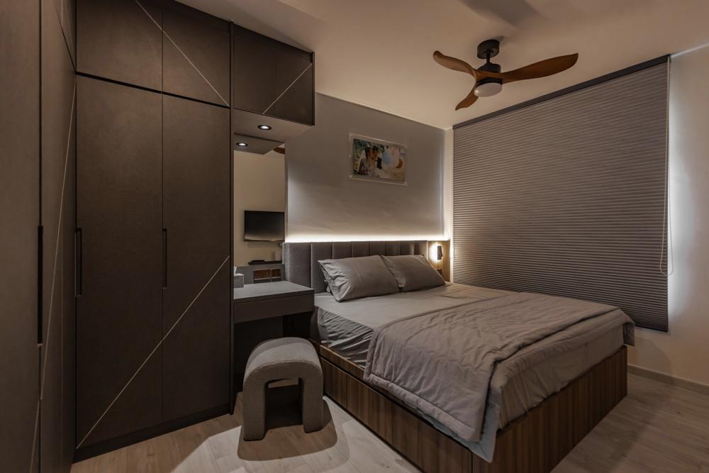 Industrial Bedroom with Vinyl Flooring and Wardrobe