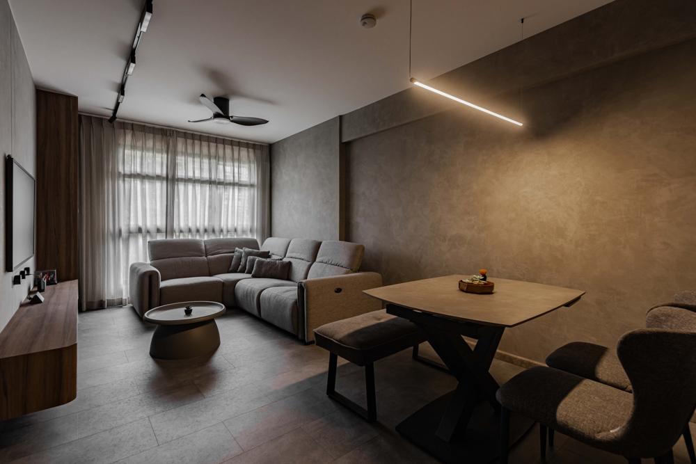 Industrial Living Room with Vinyl Flooring and Feature Wall