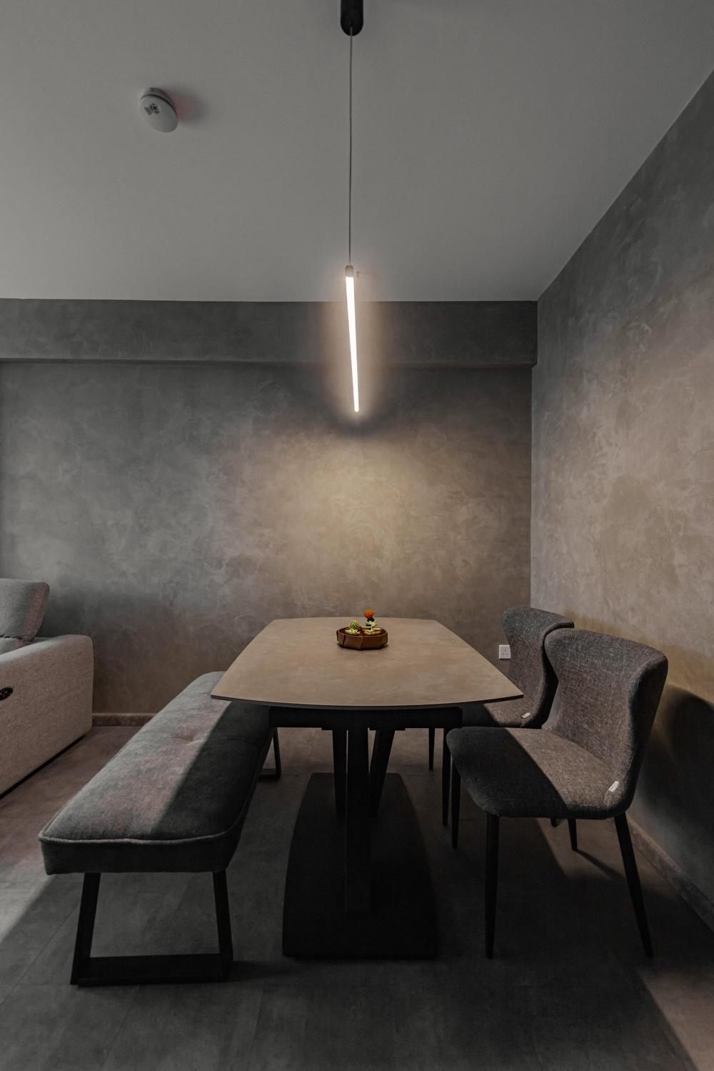 Industrial Dining Room with Vinyl Flooring and Feature Wall