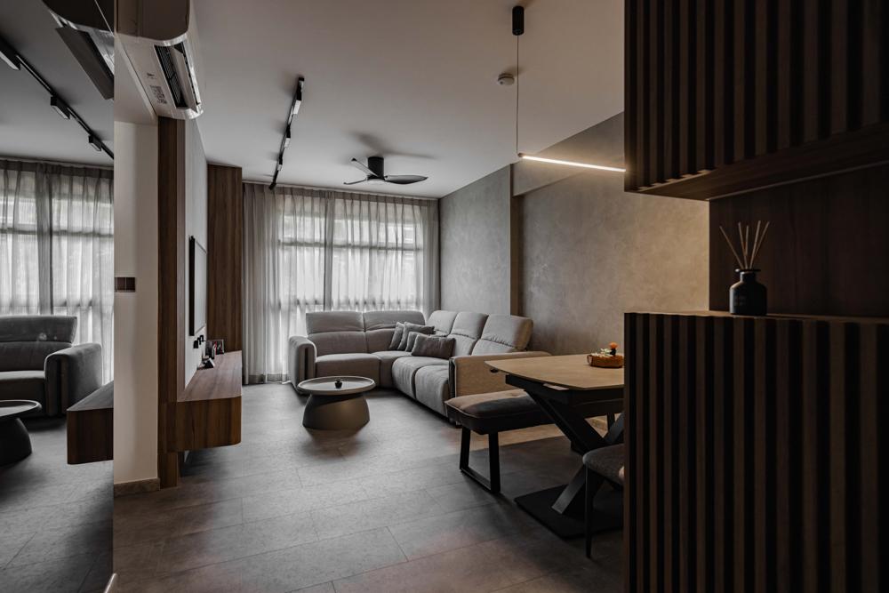 Industrial Living Room with Vinyl Flooring and Feature Wall