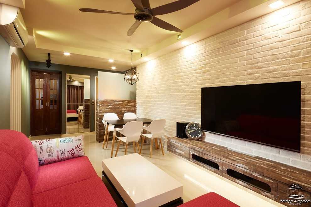 Modern Living Room with Vinyl Flooring and Herringbone Tiling
