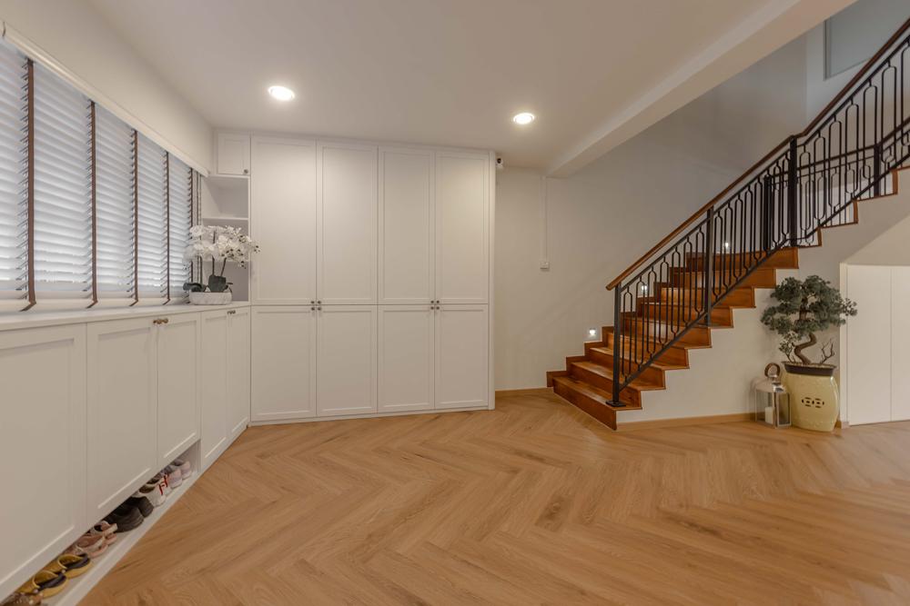 Transitional Foyer with Vinyl Flooring and Storage Cabinets