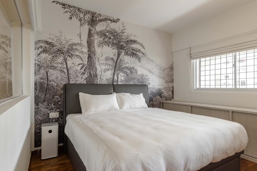 Transitional Bedroom with Parquet Floor and Wallpaper